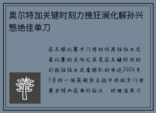 奥尔特加关键时刻力挽狂澜化解孙兴慜绝佳单刀
